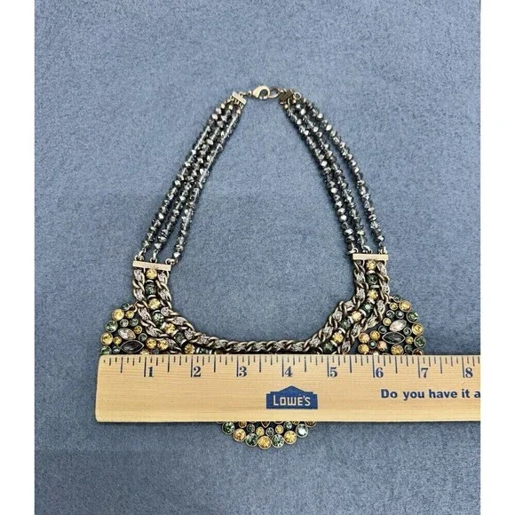 Vintage Statement Rhinestone Collar Necklace Citrine Green Costume 3 Strand Bead - Picture 9 of 9